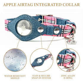 Apple Airtag Integrated Collar (Color: Pink Plaid, size: small)